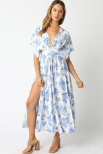 Kimono Sleeve Floral Print Maxi Dress Blue