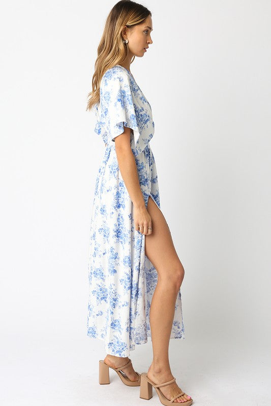 Kimono Sleeve Floral Print Maxi Dress Blue