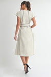 Short Sleeve Stripe Contrast Waist Tie Linen Midi Dress Natural