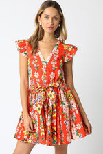 Short Ruffle Sleeve Waist Tie Floral Prin Mini Dress Orange