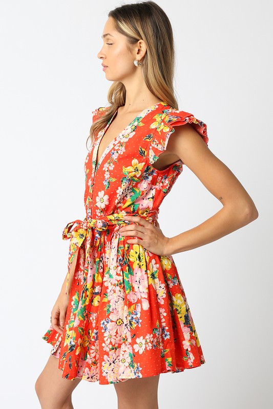 Short Ruffle Sleeve Waist Tie Floral Prin Mini Dress Orange