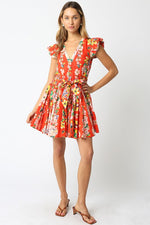 Short Ruffle Sleeve Waist Tie Floral Prin Mini Dress Orange