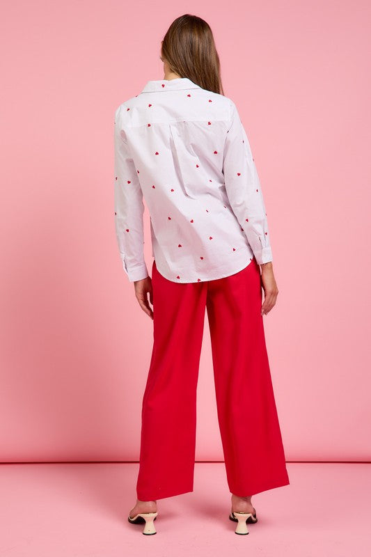 Long Sleeve Embroidered Heart Button Down Top White