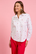 Long Sleeve Embroidered Heart Button Down Top White