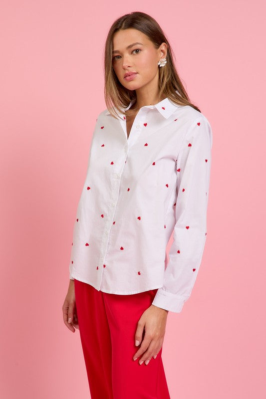 Long Sleeve Embroidered Heart Button Down Top White