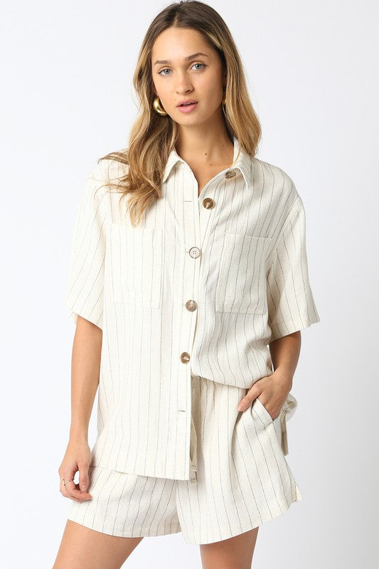 Short Sleeve Button Down Stripe Print Linen Top Natural