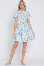  Short Sleeve Abstract Print Button Down Mini Dress Blue