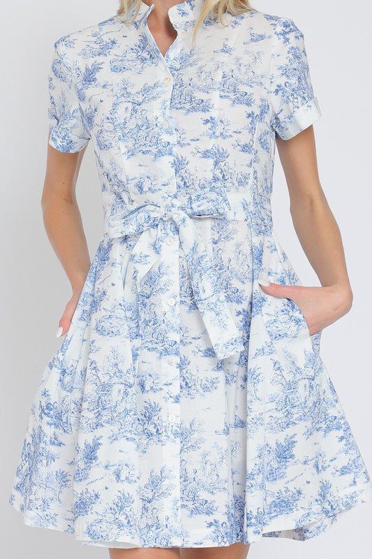  Short Sleeve Abstract Print Button Down Mini Dress Blue