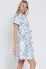  Short Sleeve Abstract Print Button Down Mini Dress Blue