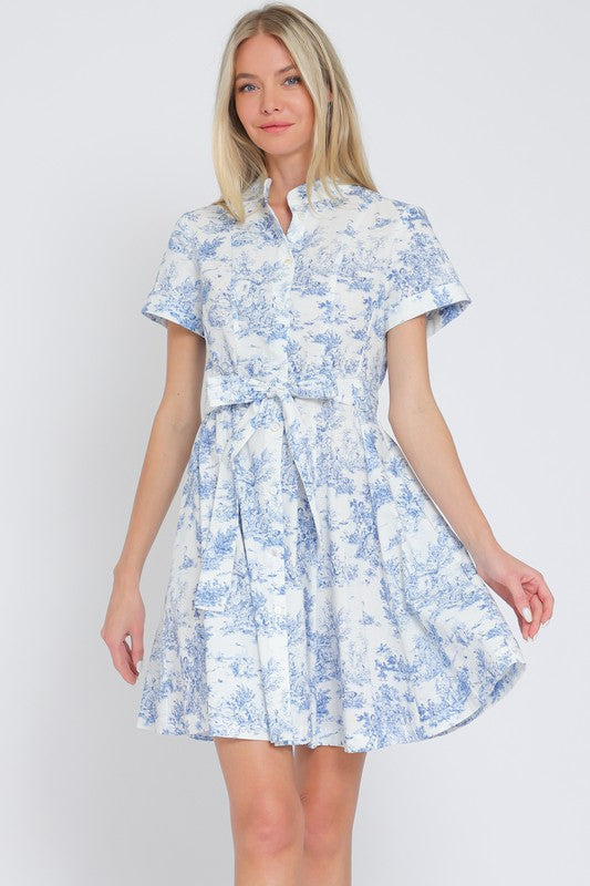  Short Sleeve Abstract Print Button Down Mini Dress Blue