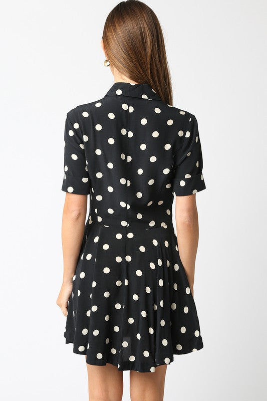 short Sleeve Button Down Polka Dot Mini Dress Black