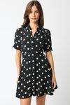 short Sleeve Button Down Polka Dot Mini Dress Black