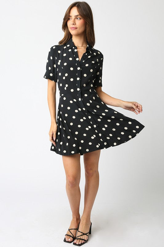 short Sleeve Button Down Polka Dot Mini Dress Black