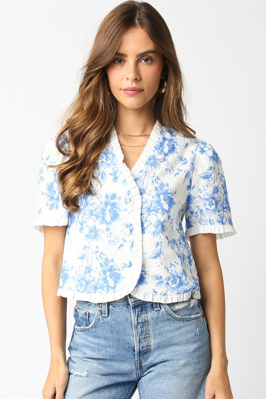 Short Sleeve Button Down Floral Print Top Blue