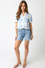 Short Sleeve Button Down Floral Print Top Blue