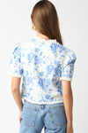 Short Sleeve Button Down Floral Print Top Blue