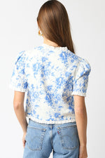 Short Sleeve Button Down Floral Print Top Blue