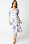 Short Puff Sleeves Floral Print Wrap Midi Dress White