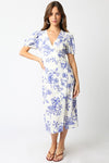 Short Puff Sleeves Floral Print Wrap Midi Dress White