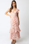 Short Sleeve Floral Print Shirred Maxi Dress Pink