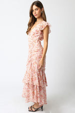 Short Sleeve Floral Print Shirred Maxi Dress Pink