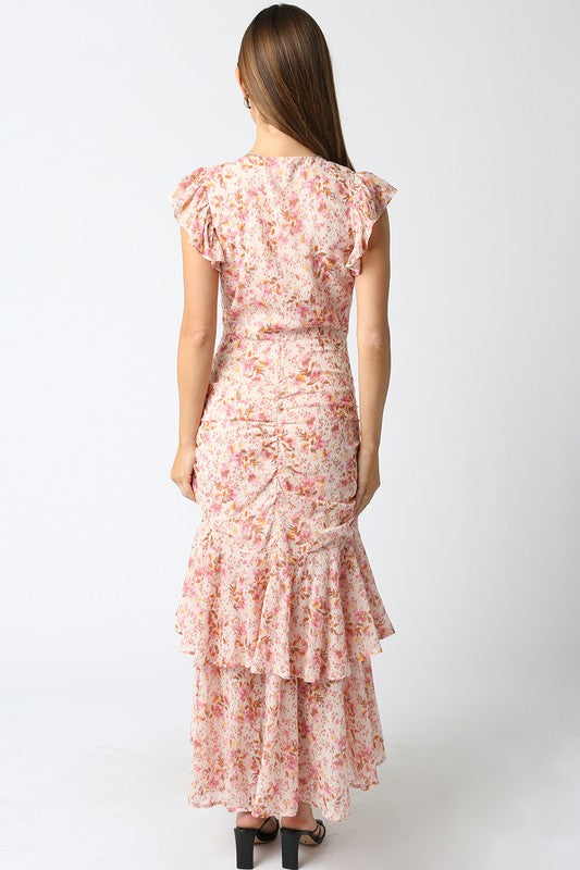 Short Sleeve Floral Print Shirred Maxi Dress Pink