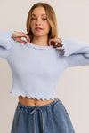 Long Bell Sleeve Scalloped Cropped Sweater Top Blue