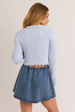 Long Bell Sleeve Scalloped Cropped Sweater Top Blue