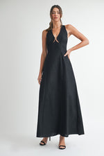  Sleeveless Halter Tie Linen Maxi Dress Black