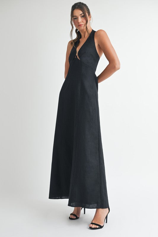  Sleeveless Halter Tie Linen Maxi Dress Black