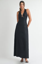  Sleeveless Halter Tie Linen Maxi Dress Black