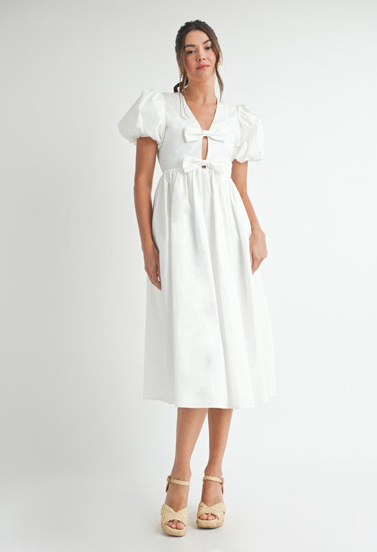 Short Puff Sleeve Bow Cut Out Midi Dress White