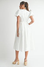 Short Puff Sleeve Bow Cut Out Midi Dress White