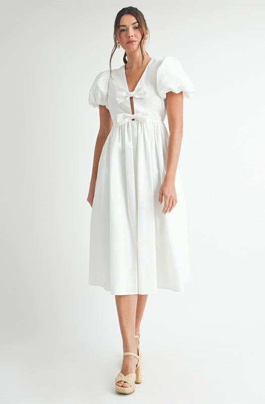 Short Puff Sleeve Bow Cut Out Midi Dress White