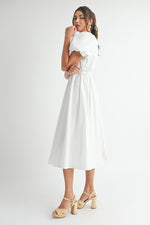 Short Puff Sleeve Bow Cut Out Midi Dress White