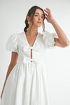 Waitlist 1/8 ♥ Virginia Short Puff Sleeve Bow Cut Out Midi Dress White