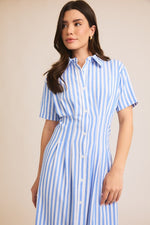  Short Sleeve Button Down Stripe Print Midi Dress Blue