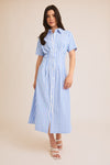  Short Sleeve Button Down Stripe Print Midi Dress Blue