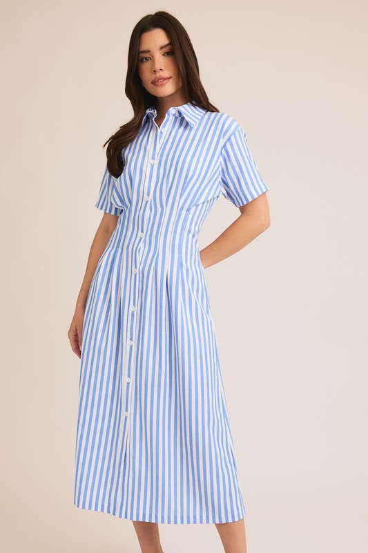  Short Sleeve Button Down Stripe Print Midi Dress Blue