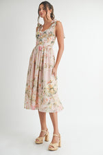 Sleeveless Shoulder Tie Floral Print Midi Dress Blush