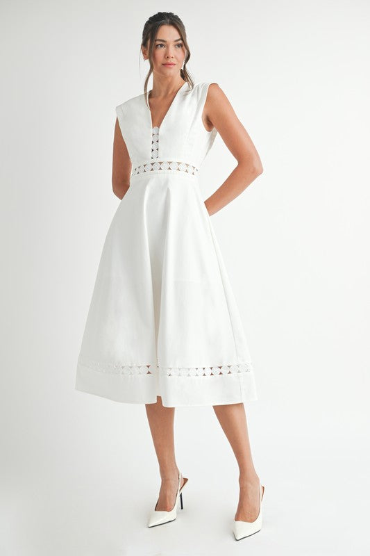 Sleeveless Crochet Lace Trim Midi Dress White