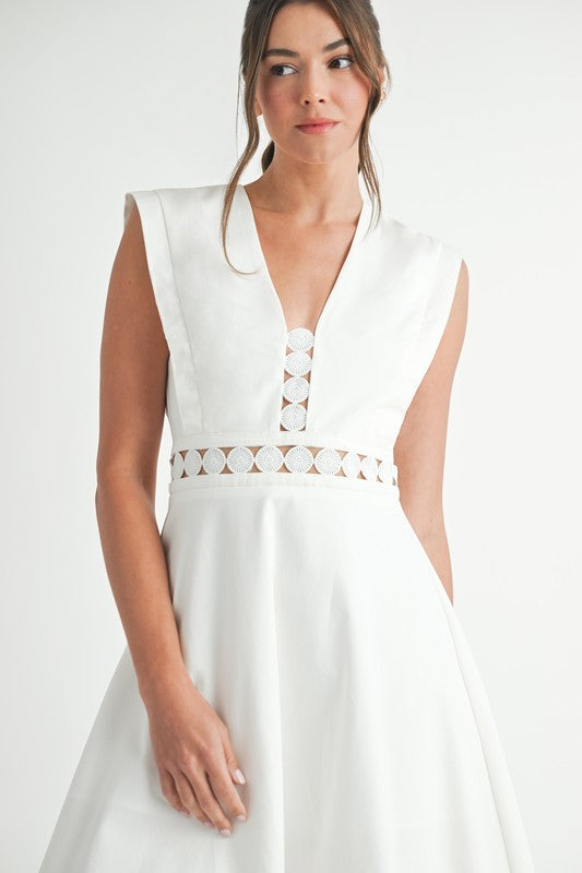 Sleeveless Crochet Lace Trim Midi Dress White