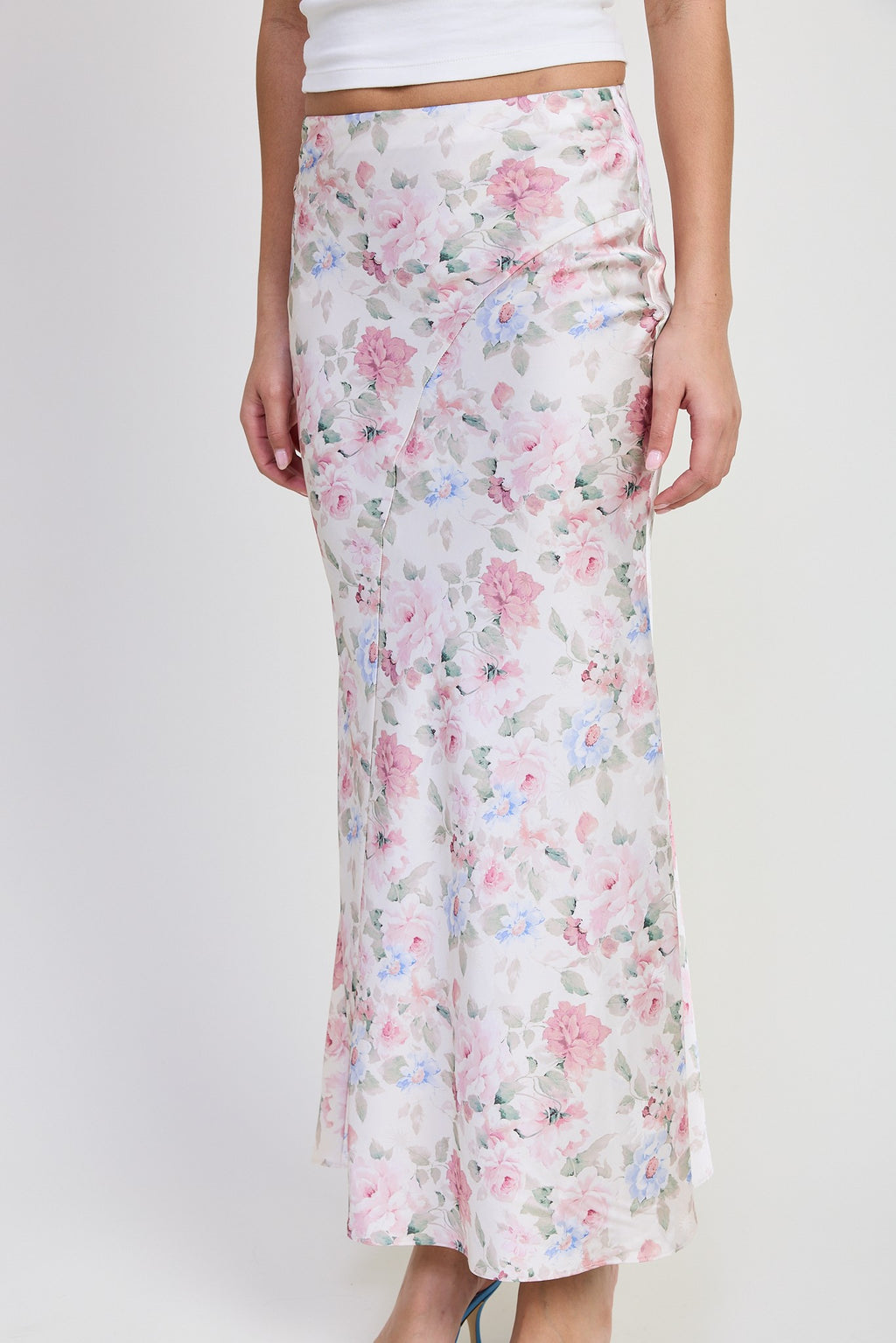 Polly Floral Print Slip Maxi Skirt Ivory