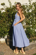 Sleeveless Stripe Print Waist Tie Maxi Dress Blue