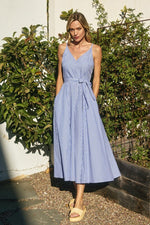 Sleeveless Stripe Print Waist Tie Maxi Dress Blue