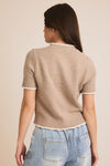 Short Sleeve Button Down Contrast Sweater Top Taupe