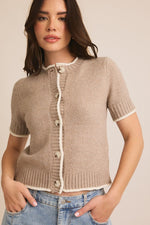 Short Sleeve Button Down Contrast Sweater Top Taupe