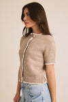 Short Sleeve Button Down Contrast Sweater Top Taupe