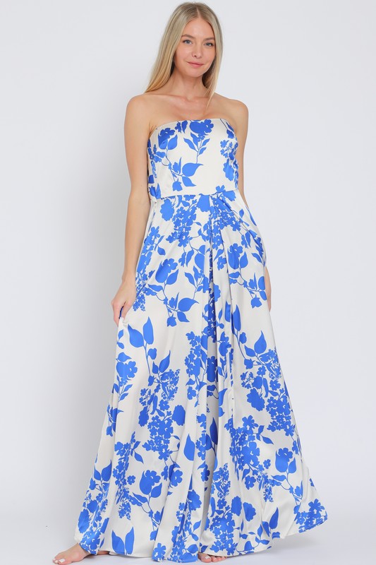 Sleeveless Floral Print Wide Leg Jumpsuit Blue