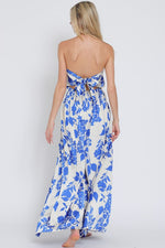 Sleeveless Floral Print Wide Leg Jumpsuit Blue